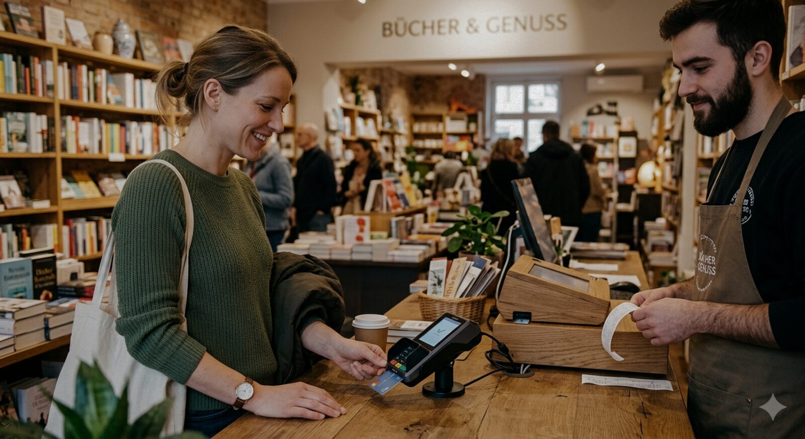 Kundin zahlt mit Karte an einem modernen Terminal an der Ladenkasse einer Buchhandlung